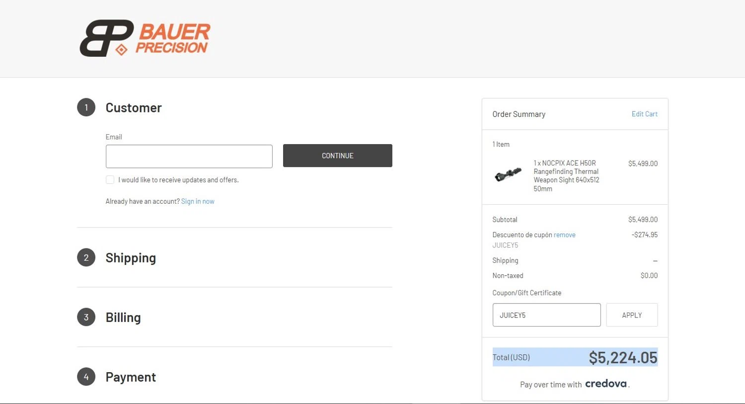 Bauer Precision discount code screenshot showing code JUICEY5 applied at Bauer Precision checkout page. Uploaded by SimplyCodes community member PennyScholar167 on Mar 31, 2025