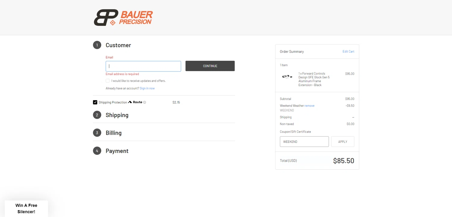 Bauer Precision checkout page showing Bauer Precision discount code box | Screenshot taken by SimplyCodes community member on Jan 9, 2026