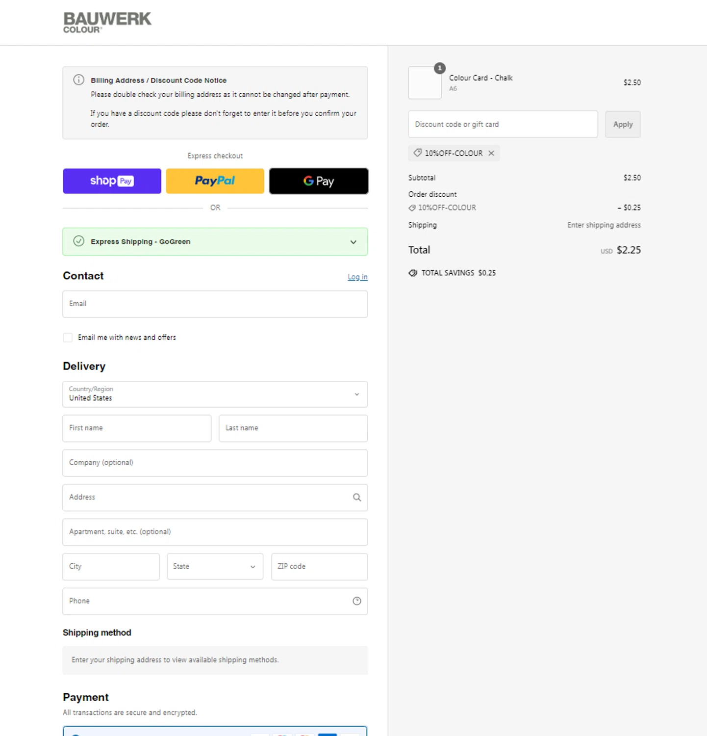 Bauwerk Colour checkout page showing Bauwerk Colour discount code box | Screenshot taken by SimplyCodes community member on Oct 17, 2024