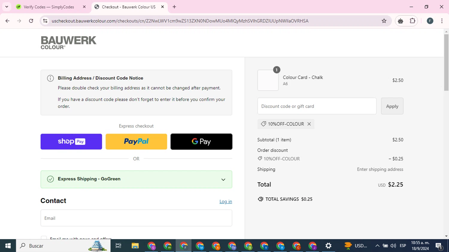 Bauwerk Colour checkout page showing Bauwerk Colour discount code box | Screenshot taken by SimplyCodes community member on Sep 18, 2024