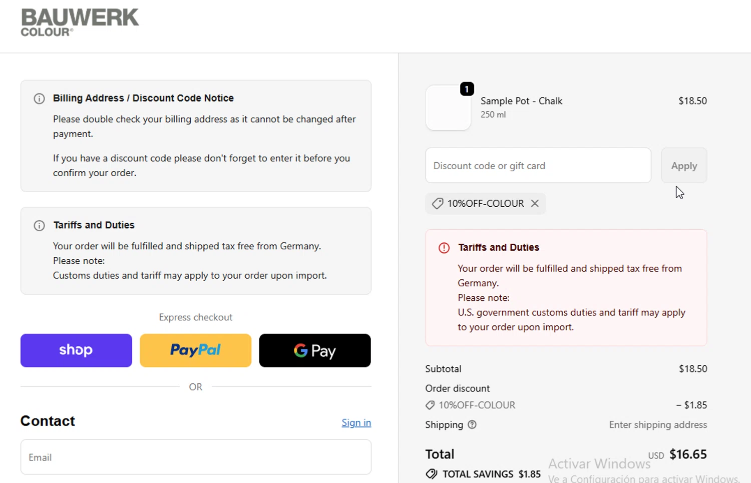 Bauwerk Colour discount code screenshot showing code 10%OFF-COLOUR applied at Bauwerk Colour checkout page. Uploaded by SimplyCodes community member ligthYA on Feb 17, 2026