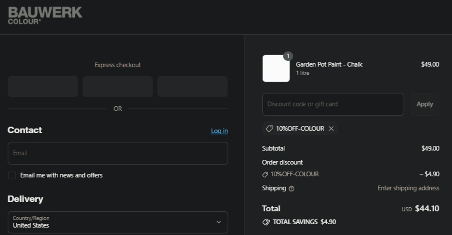 Bauwerk Colour discount code screenshot showing code 10%OFF-COLOUR applied at Bauwerk Colour checkout page. Uploaded by SimplyCodes community member idkxxx on Jul 5, 2025