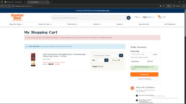 BaxterBoo checkout page showing BaxterBoo promo code box | Screenshot taken by SimplyCodes community member on Aug 5, 2025