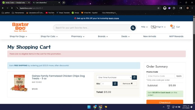 BaxterBoo checkout page showing BaxterBoo promo code box | Screenshot taken by SimplyCodes community member on Jul 17, 2025