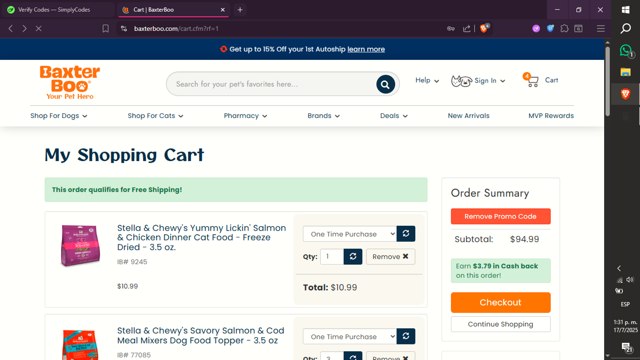 BaxterBoo checkout page showing BaxterBoo promo code box | Screenshot taken by SimplyCodes community member on Jul 17, 2025