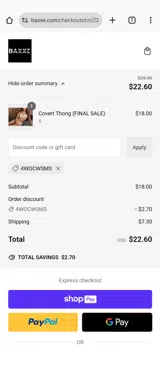 4WOCWSMS coupon verification screenshot