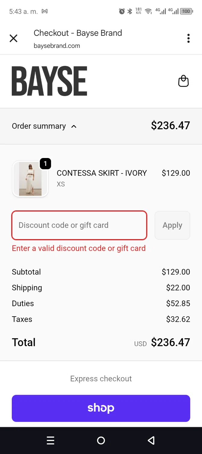 Bayse discount code screenshot showing code VIP30 applied at Bayse checkout page. Uploaded by SimplyCodes community member leiraM on Feb 10, 2026