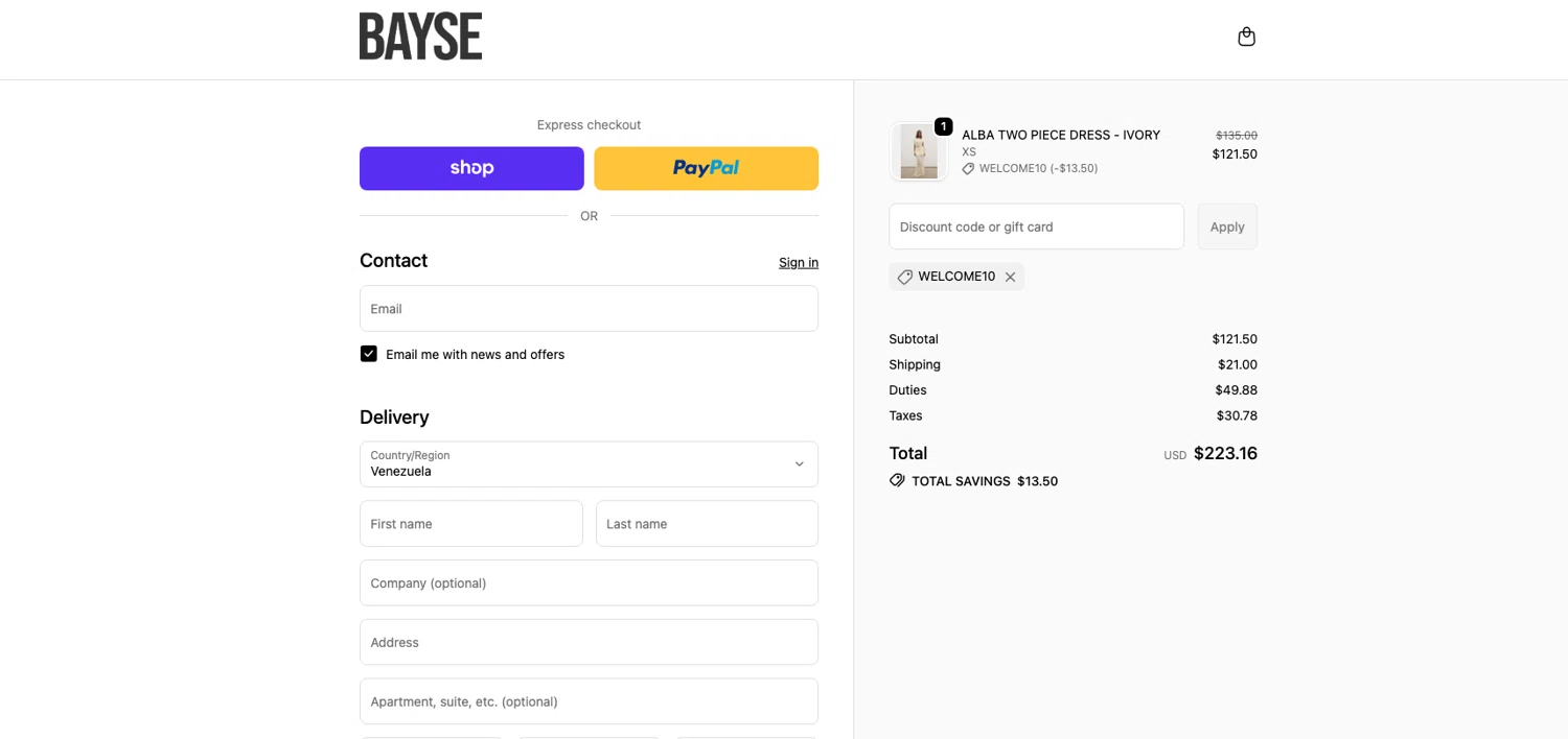 Bayse discount code screenshot showing code WELCOME10 applied at Bayse checkout page. Uploaded by SimplyCodes community member ELOIN777 on Dec 12, 2025