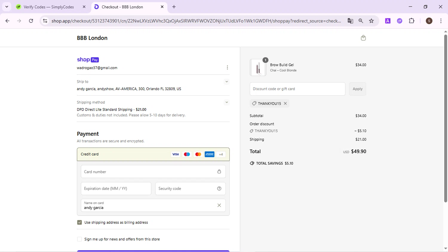 BBB London discount code screenshot showing code THANKYOU15 applied at BBB London checkout page. Uploaded by SimplyCodes community member QuestPhoenix2794 on May 9, 2025