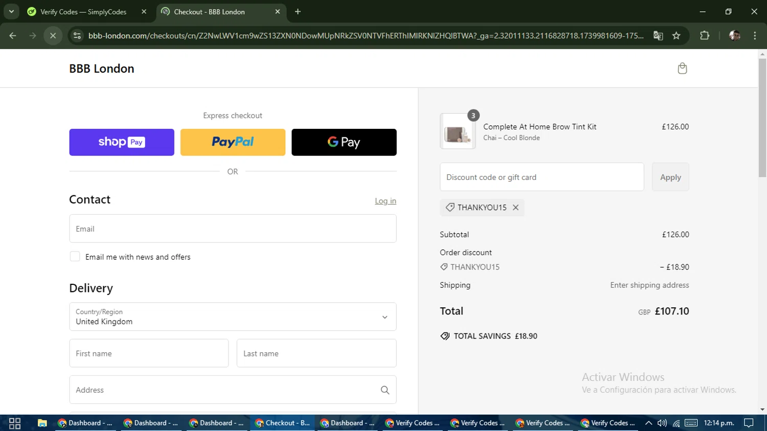 BBB London discount code screenshot showing code THANKYOU15 applied at BBB London checkout page. Uploaded by SimplyCodes community member DiscountSeeker682 on Feb 19, 2025