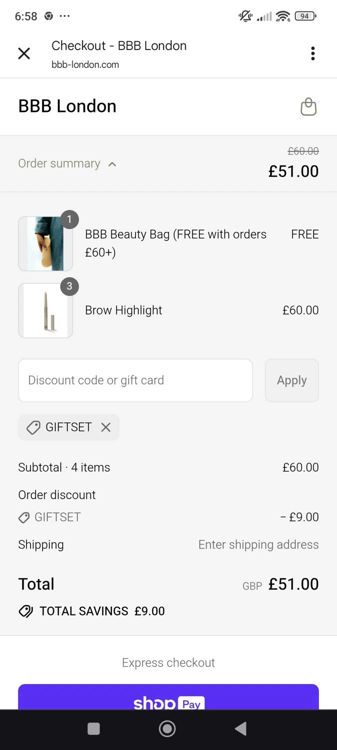 BBB London discount code screenshot showing code GIFTSET applied at BBB London checkout page. Uploaded by SimplyCodes community member ShieldWhiz4659 on Jul 13, 2025