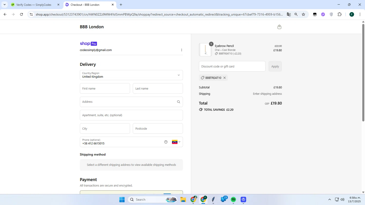 BBB London discount code screenshot showing code BBBTREAT10 applied at BBB London checkout page. Uploaded by SimplyCodes community member Juanse on Jul 13, 2025