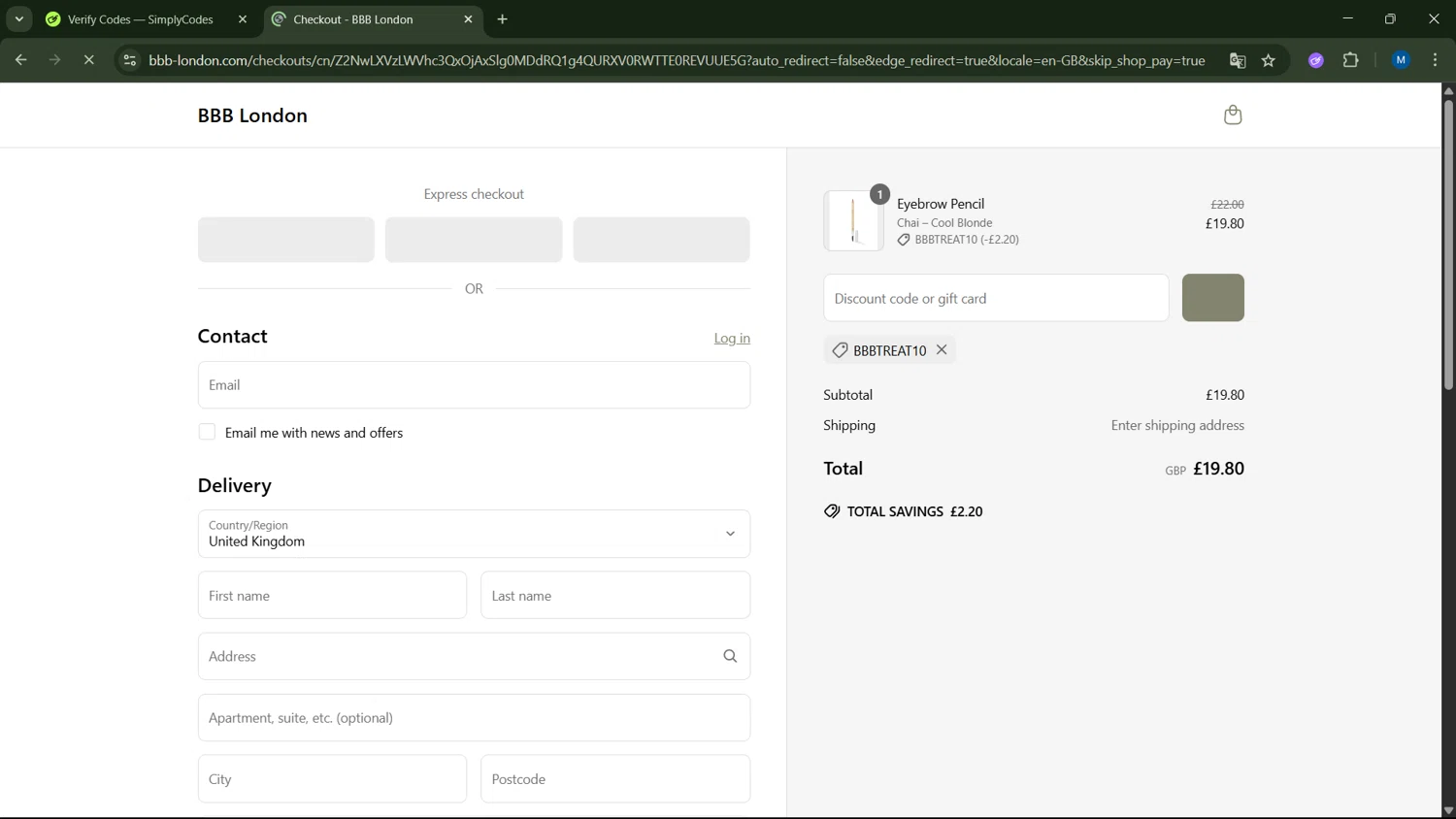 BBB London discount code screenshot showing code BBBTREAT10 applied at BBB London checkout page. Uploaded by SimplyCodes community member ScanNavigator5190 on Jun 7, 2025