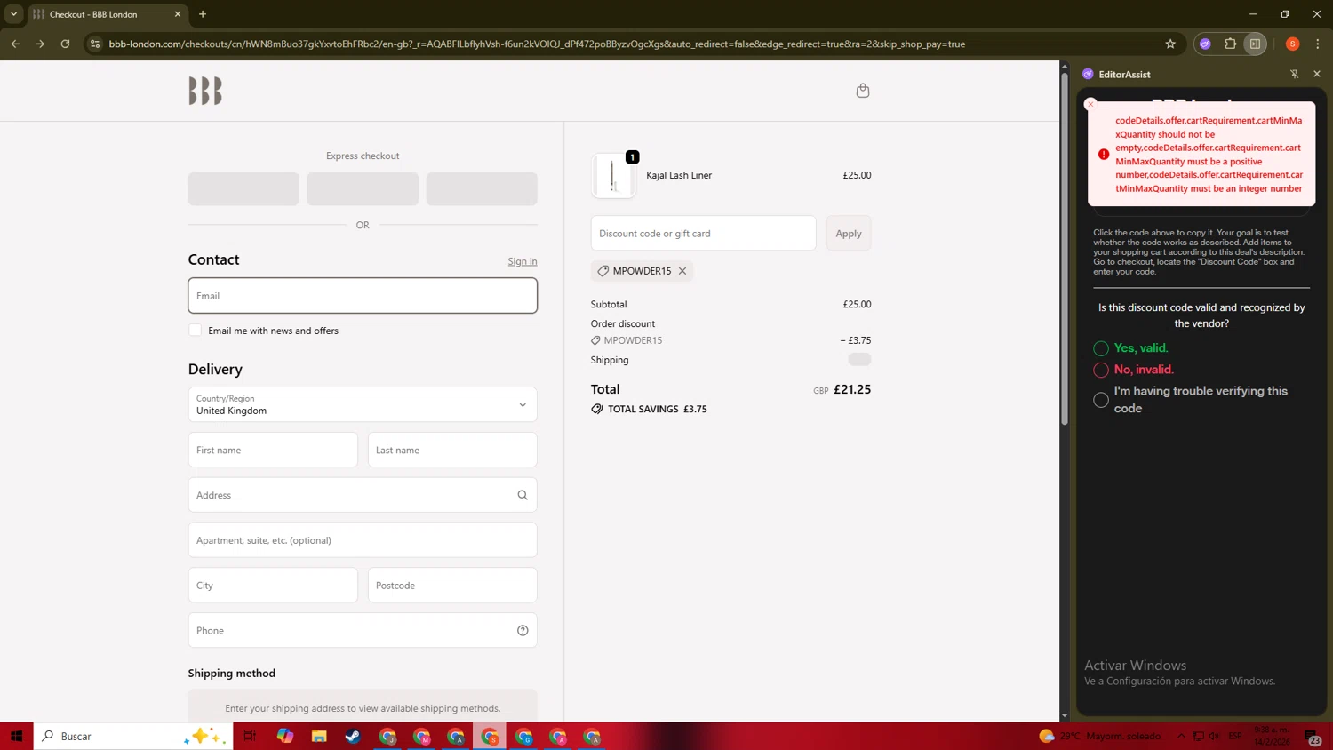 BBB London discount code screenshot showing code MPOWDER15 applied at BBB London checkout page. Uploaded by SimplyCodes community member ScanKnight8857 on Feb 14, 2026