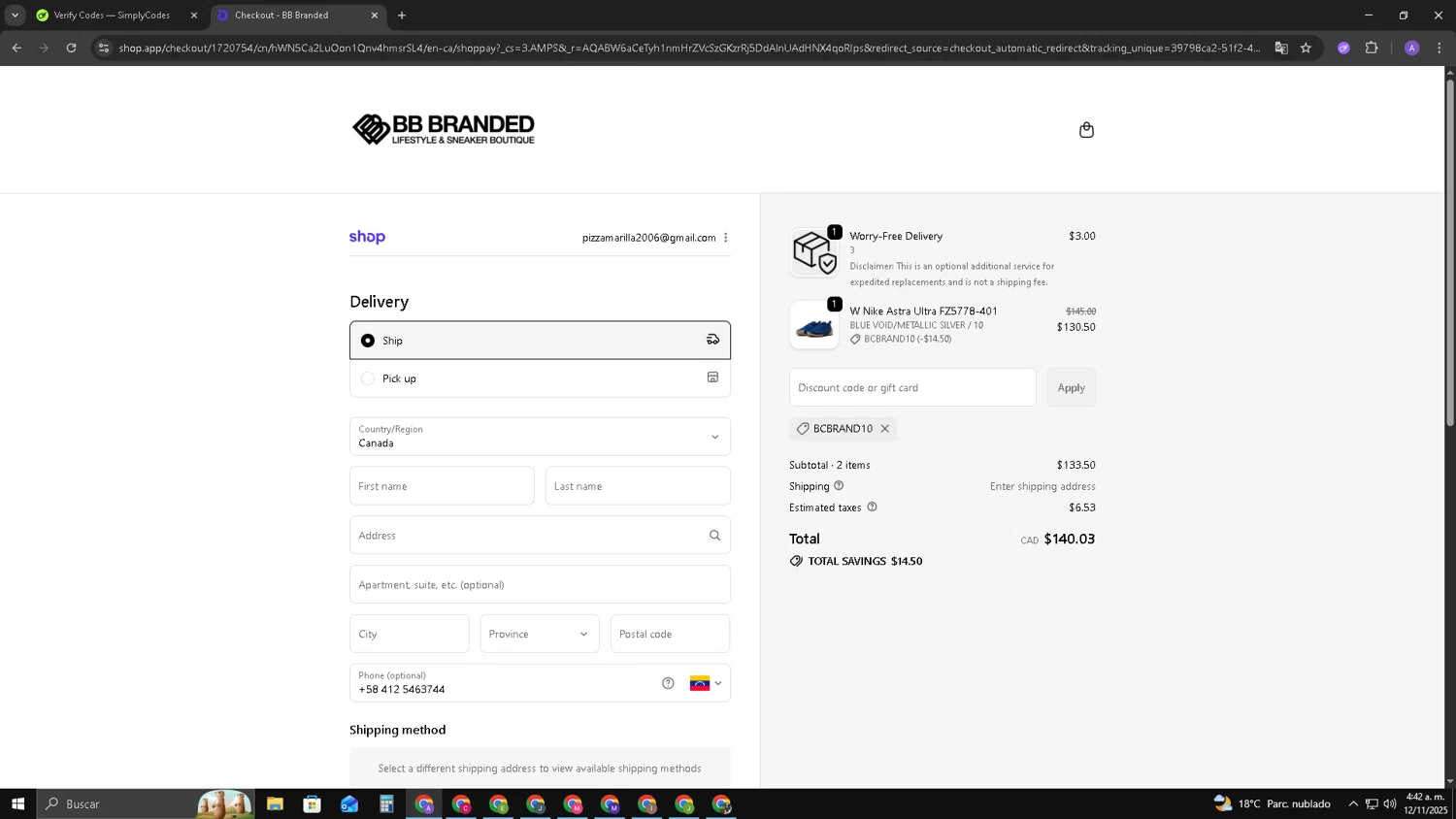 BB Branded Boutique promo code screenshot showing code BCBRAND10 applied at BB Branded Boutique checkout page. Uploaded by SimplyCodes community member SAKURA on Nov 12, 2025