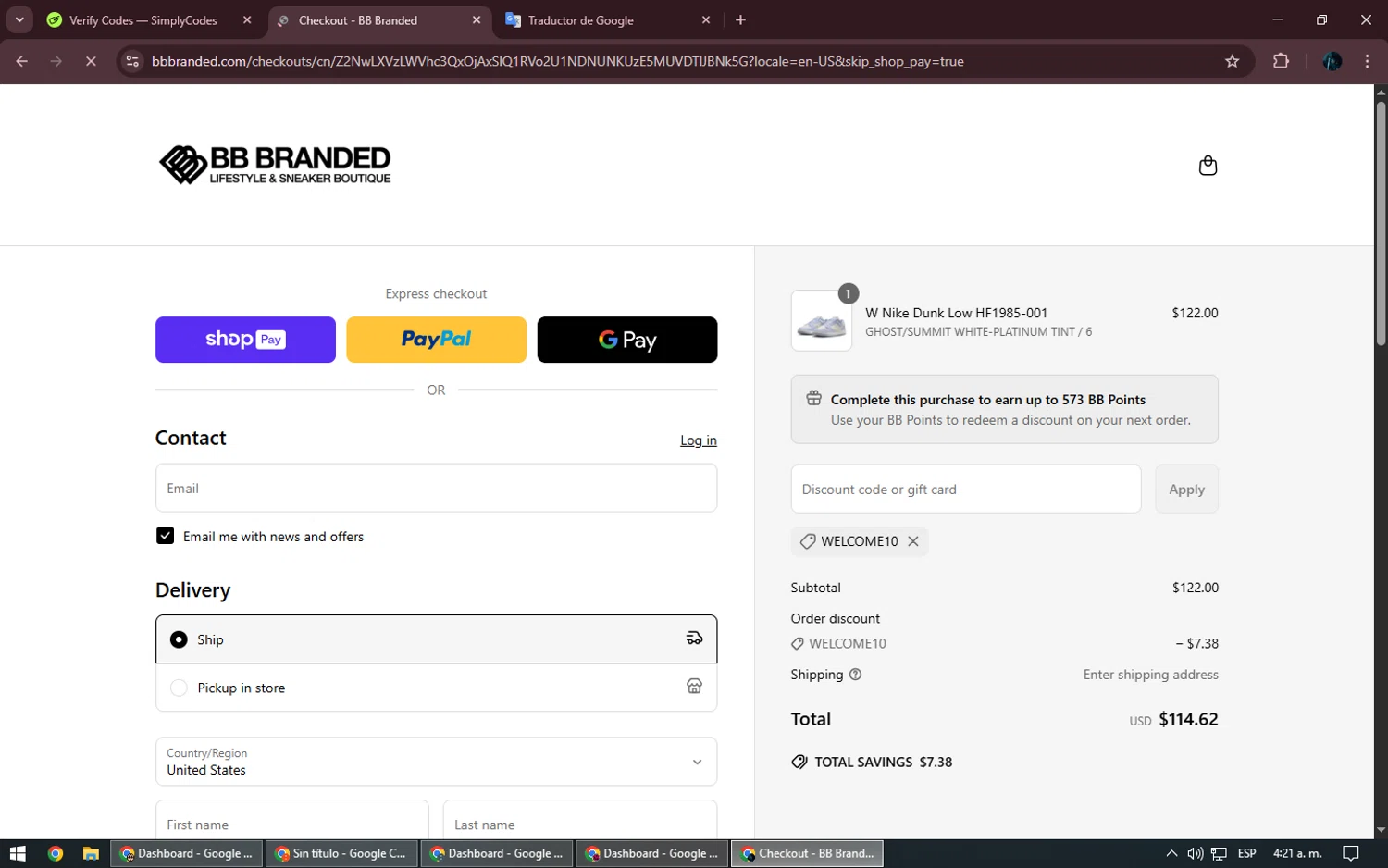 BB Branded Boutique promo code screenshot showing code WELCOME10 applied at BB Branded Boutique checkout page. Uploaded by SimplyCodes community member Kurokenshi on May 1, 2025