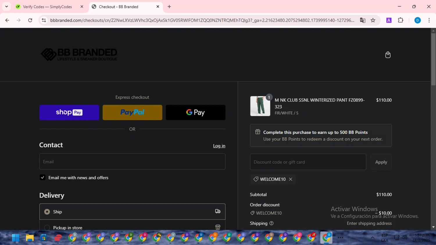 BB Branded Boutique promo code screenshot showing code WELCOME10 applied at BB Branded Boutique checkout page. Uploaded by SimplyCodes community member saltediosteve on Feb 19, 2025