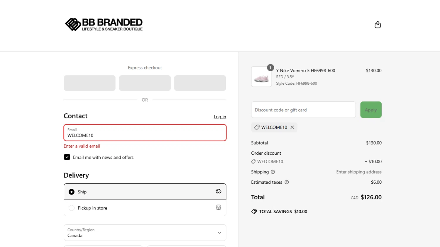 BB Branded Boutique promo code screenshot showing code WELCOME10 applied at BB Branded Boutique checkout page. Uploaded by SimplyCodes community member ShieldScout6572 on Jun 24, 2025