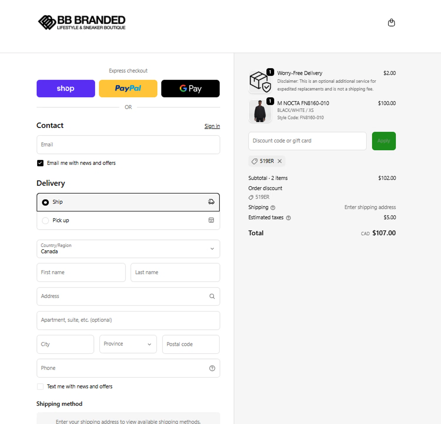 BB Branded Boutique promo code screenshot showing code 519er applied at BB Branded Boutique checkout page. Uploaded by SimplyCodes community member Mbappe on Feb 11, 2026