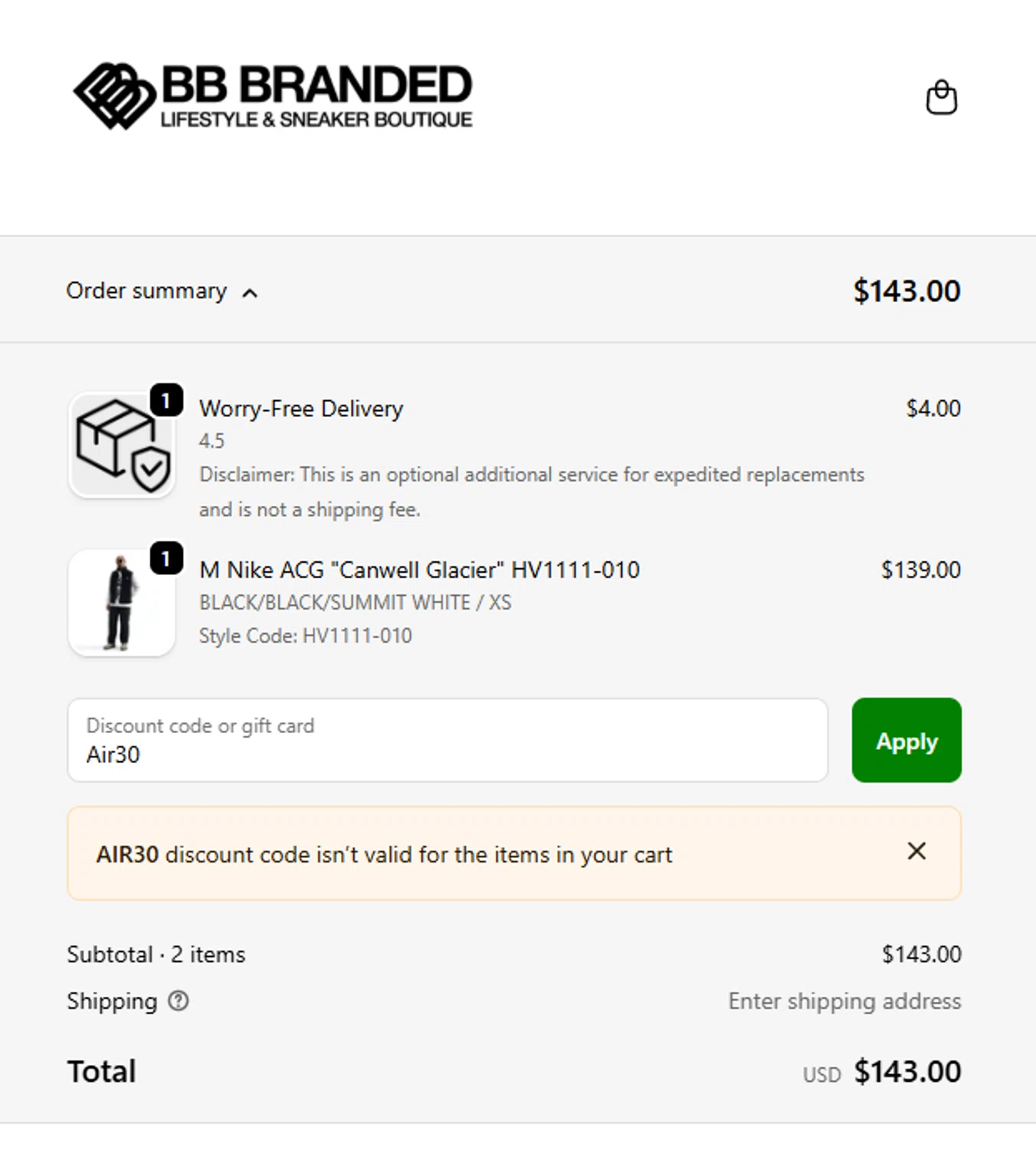 BB Branded Boutique promo code screenshot showing code Air30 applied at BB Branded Boutique checkout page. Uploaded by SimplyCodes community member ElAuronPlay on Oct 29, 2025