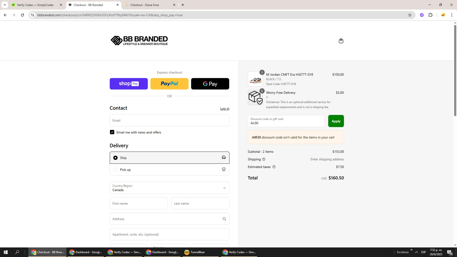 BB Branded Boutique promo code screenshot showing code Air30 applied at BB Branded Boutique checkout page. Uploaded by SimplyCodes community member Richard251 on Aug 20, 2025