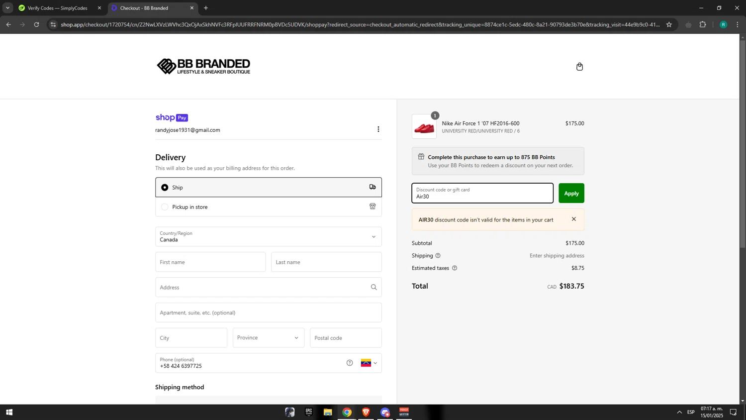 BB Branded Boutique promo code screenshot showing code Air30 applied at BB Branded Boutique checkout page. Uploaded by SimplyCodes community member Gatopan on Jan 15, 2025