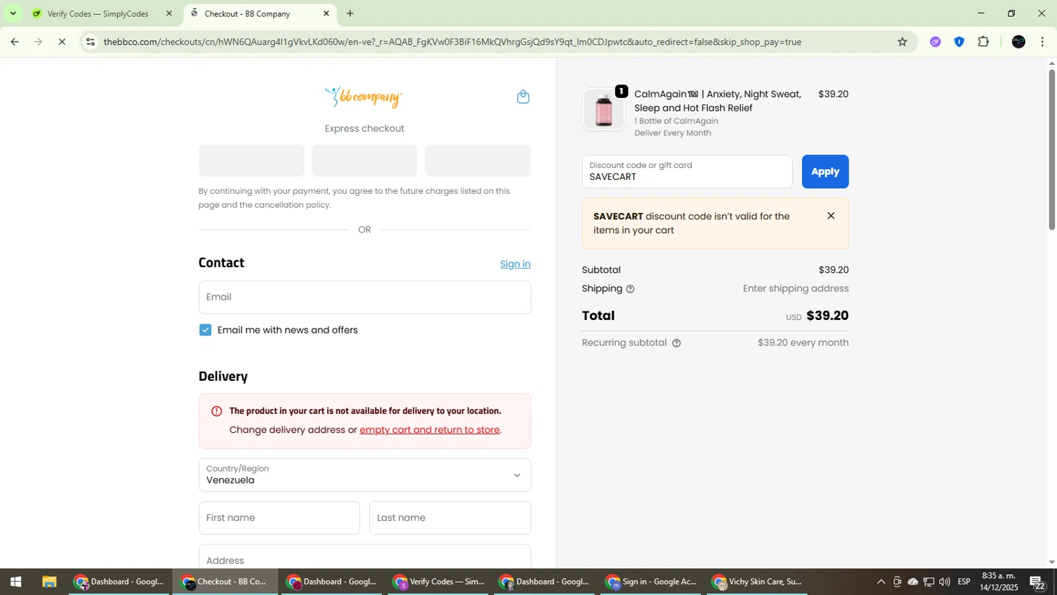 BB Company discount code screenshot showing code SAVECART applied at BB Company checkout page. Uploaded by SimplyCodes community member CarmenVGR on Dec 14, 2025