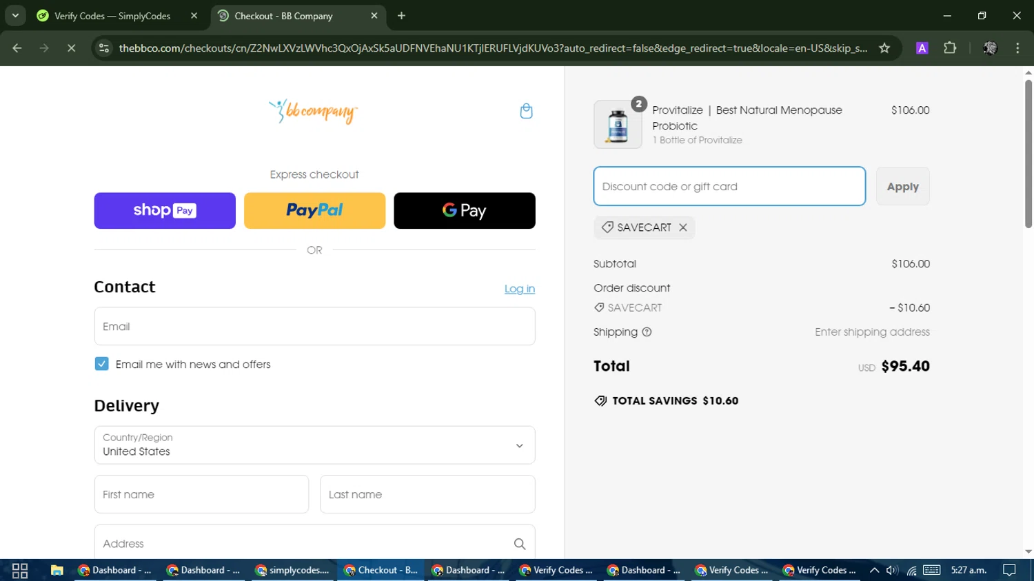 BB Company discount code screenshot showing code SAVECART applied at BB Company checkout page. Uploaded by SimplyCodes community member PrimeKnight6101 on Mar 10, 2025