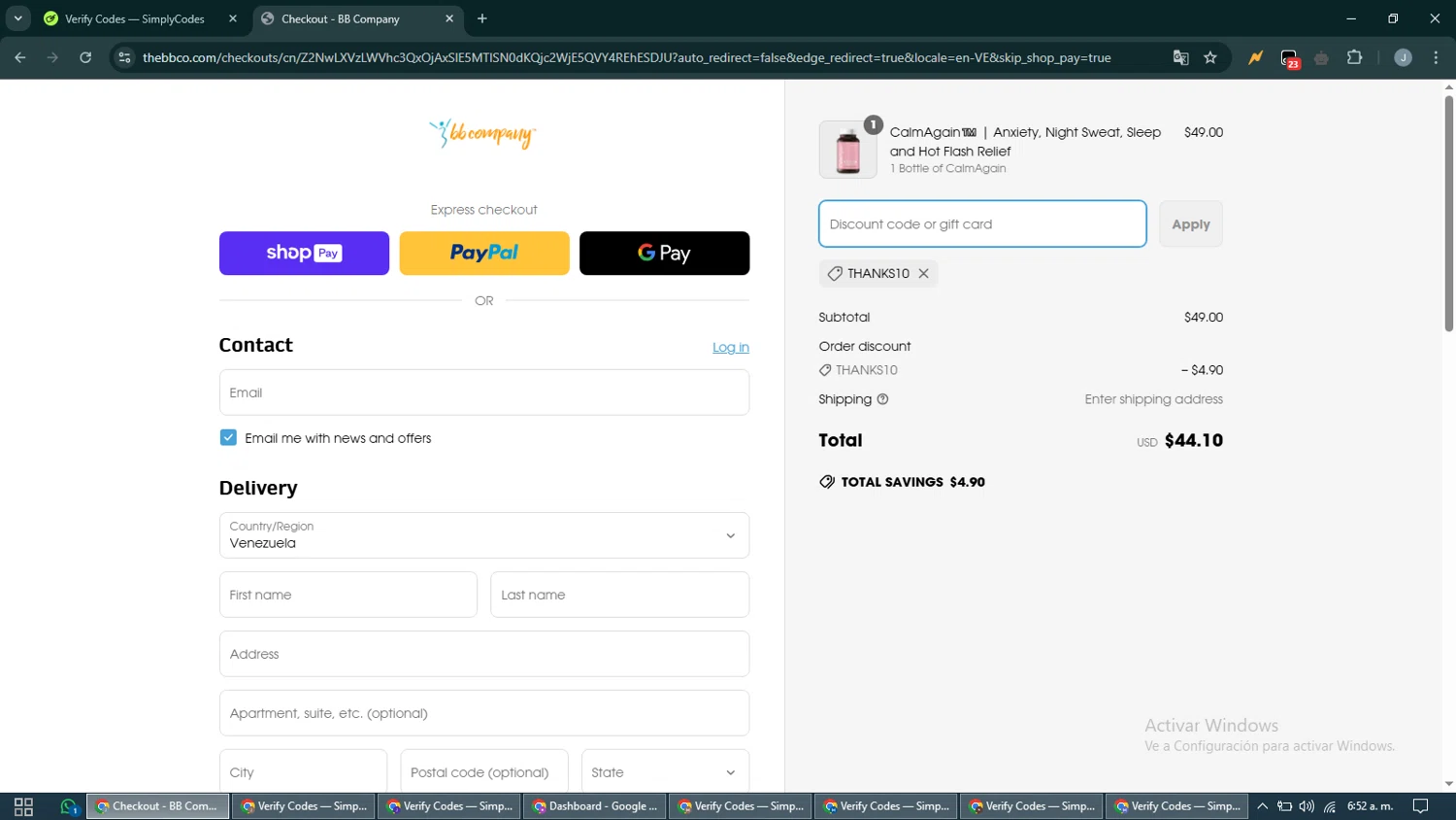 BB Company discount code screenshot showing code THANKS10 applied at BB Company checkout page. Uploaded by SimplyCodes community member CashShopper1214 on Mar 26, 2025