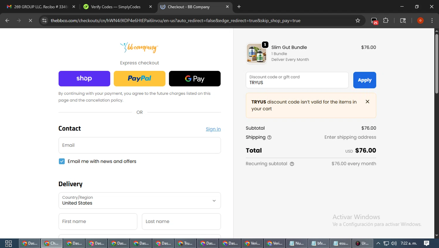 BB Company discount code screenshot showing code TRYUS applied at BB Company checkout page. Uploaded by SimplyCodes community member WiseTracker2171 on Oct 30, 2025