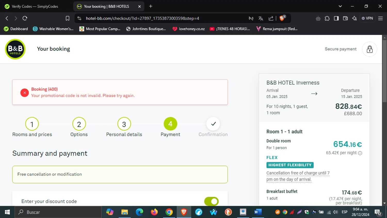 B&B Hotels promo code screenshot showing code INTRO25% applied at B&B Hotels checkout page. Uploaded by SimplyCodes community member WonderWhiz8135 on Dec 28, 2024