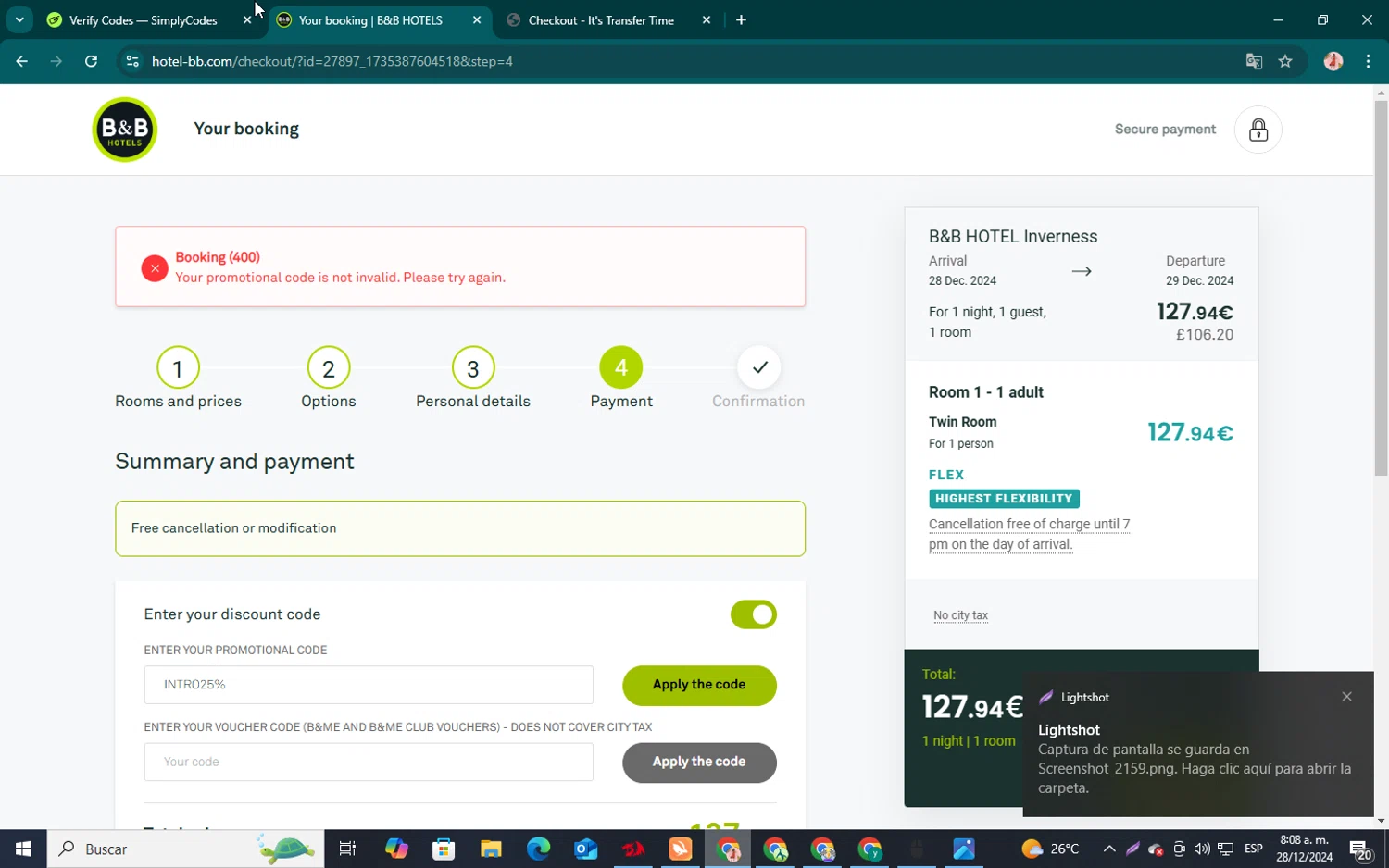 B&B Hotels promo code screenshot showing code INTRO25% applied at B&B Hotels checkout page. Uploaded by SimplyCodes community member jenifer on Dec 28, 2024