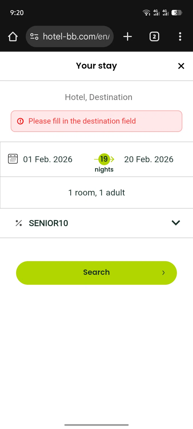 B&B Hotels promo code screenshot showing code SENIOR10 applied at B&B Hotels checkout page. Uploaded by SimplyCodes community member SInNOMBRE on Dec 24, 2025