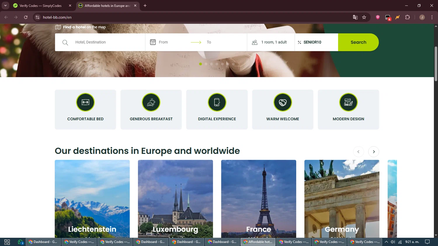 B&B Hotels promo code screenshot showing code SENIOR10 applied at B&B Hotels checkout page. Uploaded by SimplyCodes community member ShrewdAdmiral5920 on Dec 13, 2025