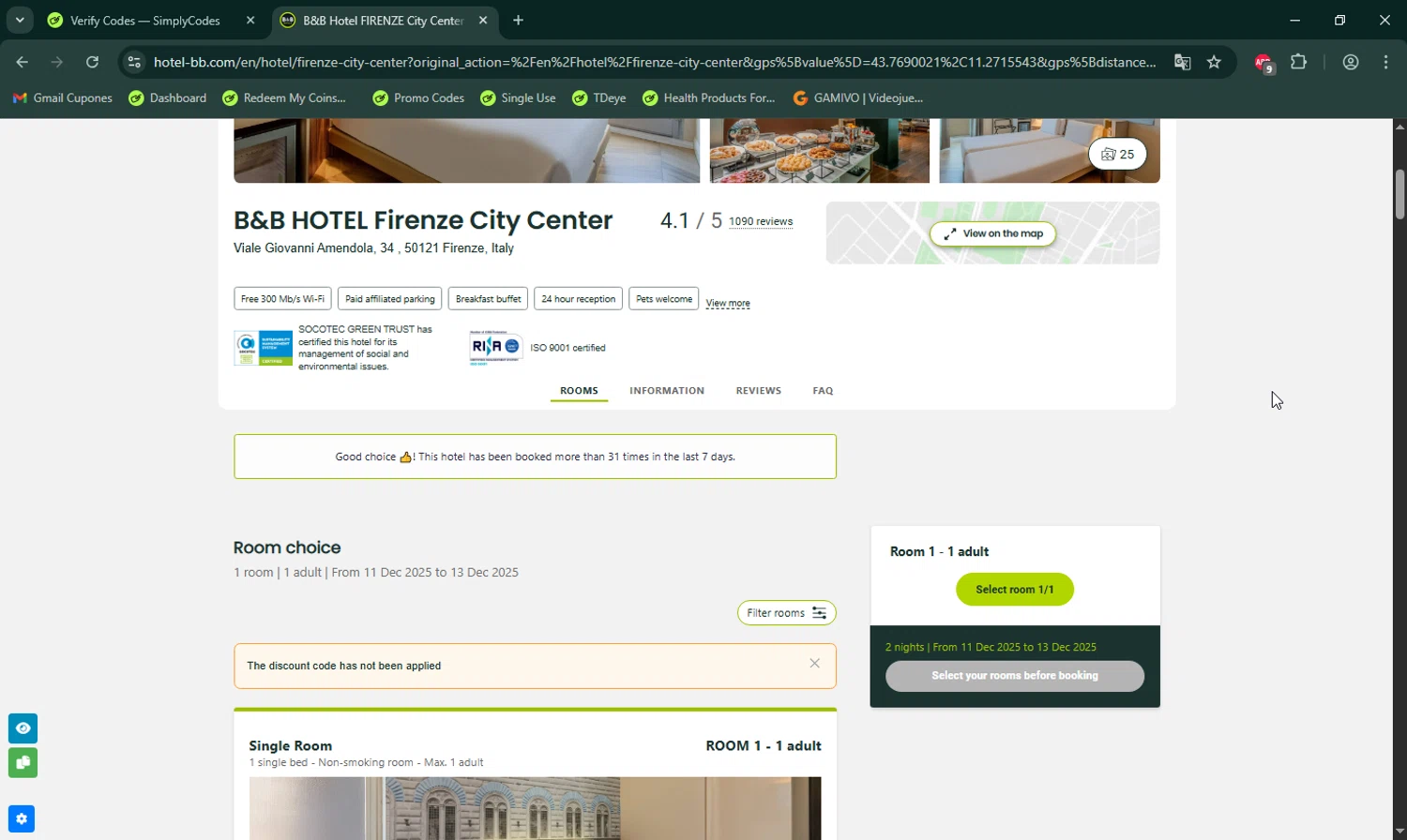 B&B Hotels promo code screenshot showing code gen15z applied at B&B Hotels checkout page. Uploaded by SimplyCodes community member LHaunter on Dec 7, 2025