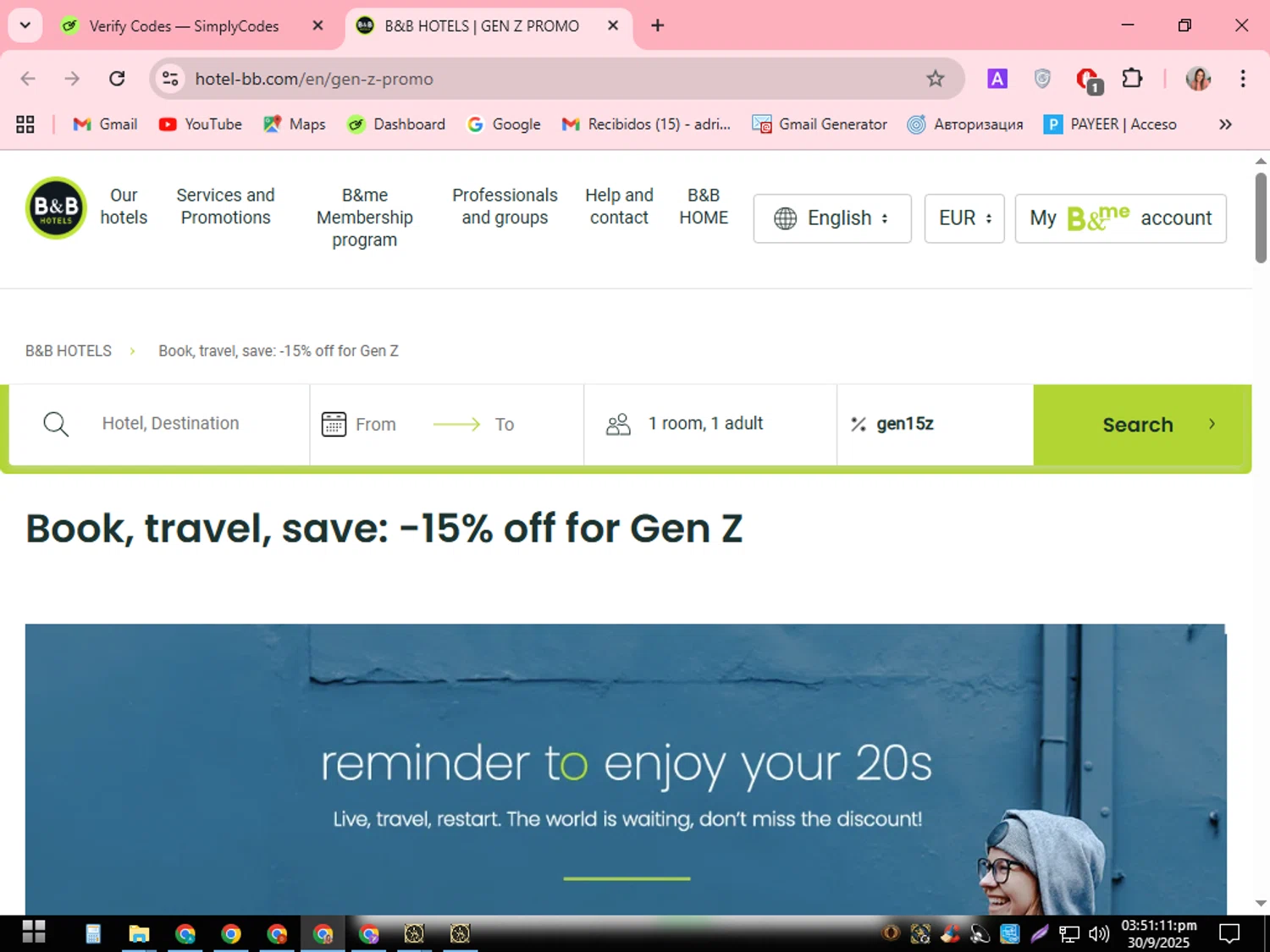 B&B Hotels promo code screenshot showing code gen15z applied at B&B Hotels checkout page. Uploaded by SimplyCodes community member SilverEagle2538 on Sep 30, 2025