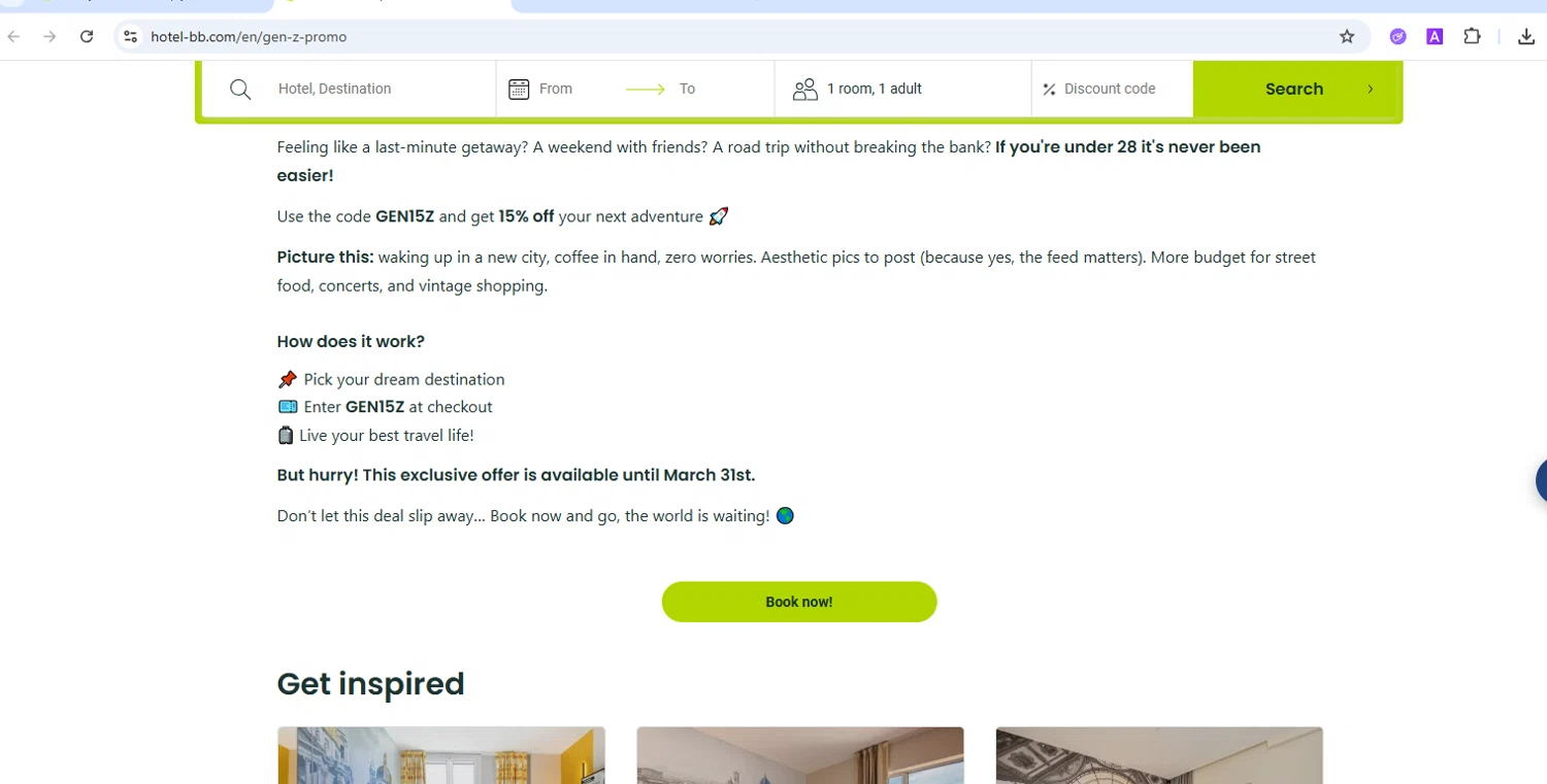 B&B Hotels promo code screenshot showing code gen15z applied at B&B Hotels checkout page. Uploaded by SimplyCodes community member joanromero on Nov 1, 2025