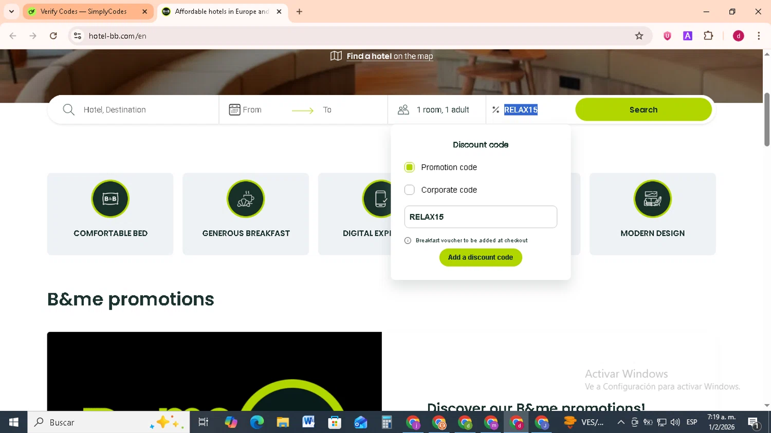 B&B Hotels promo code screenshot showing code RELAX15 applied at B&B Hotels checkout page. Uploaded by SimplyCodes community member FrugalMonarch7277 on Feb 1, 2026