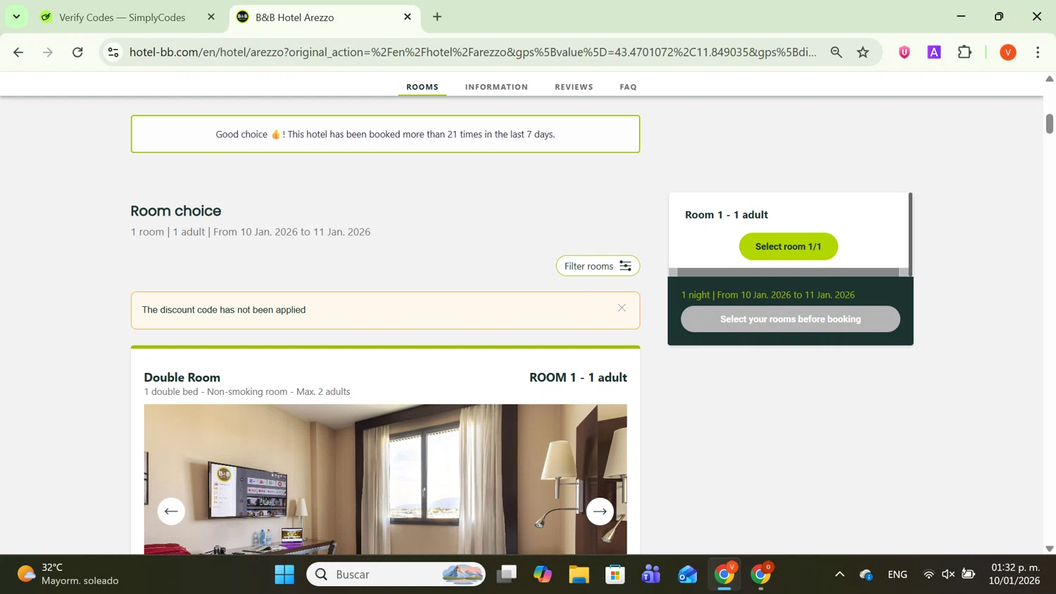 B&B Hotels promo code screenshot showing code RELAX15 applied at B&B Hotels checkout page. Uploaded by SimplyCodes community member SavingsCaptain8190 on Jan 10, 2026