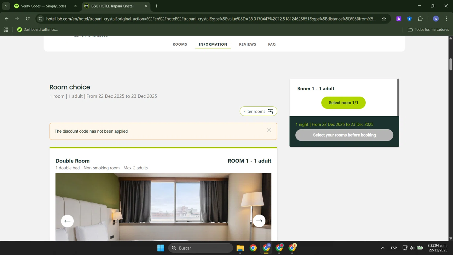 B&B Hotels promo code screenshot showing code RELAX15 applied at B&B Hotels checkout page. Uploaded by SimplyCodes community member ThriftyTracker446 on Dec 22, 2025