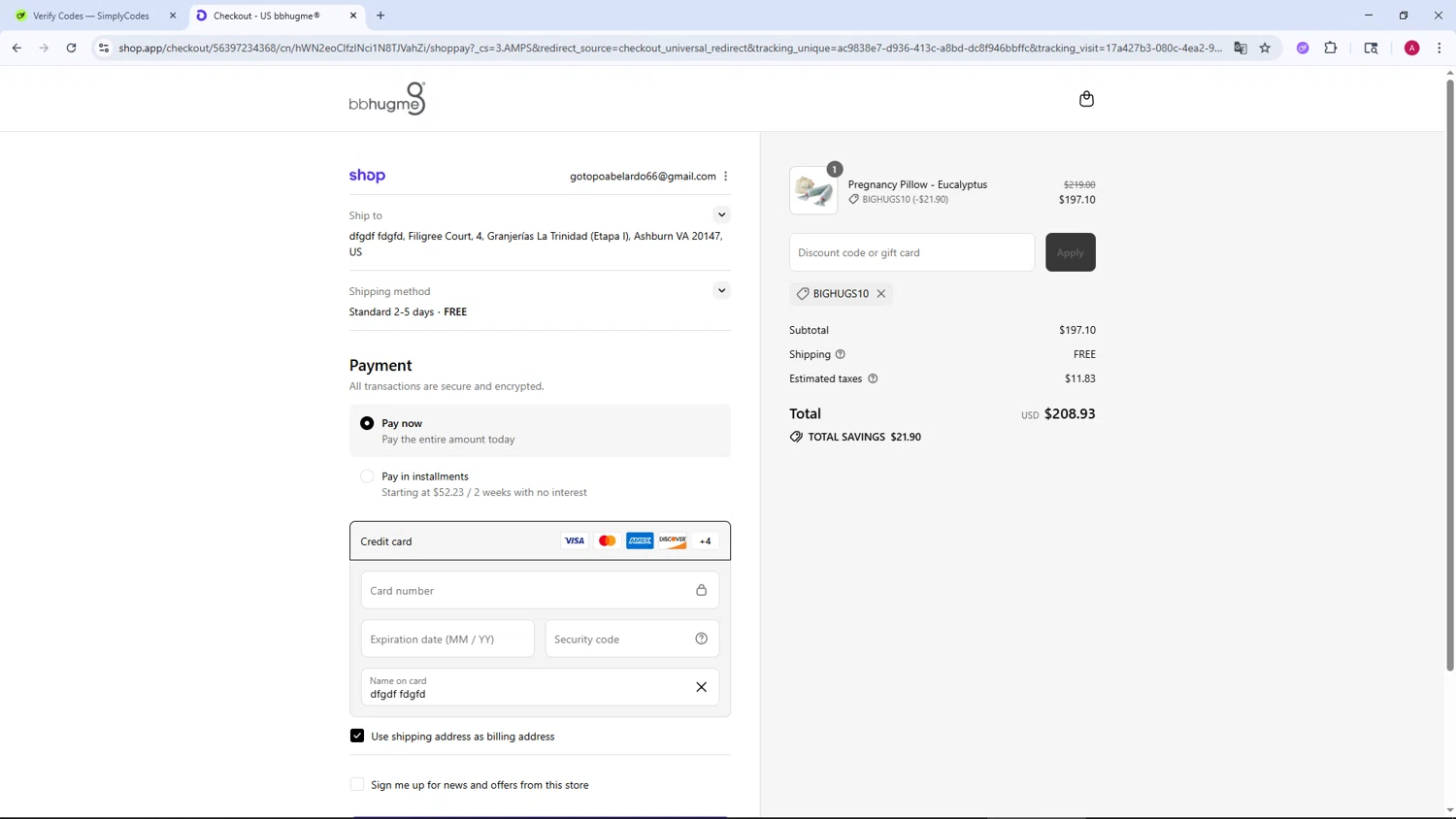 bbhugme US promo code screenshot showing code BIGHUGS10 applied at bbhugme US checkout page. Uploaded by SimplyCodes community member BMWGS1200 on Sep 6, 2025