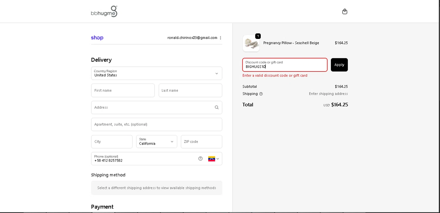 bbhugme US promo code screenshot showing code BIGHUGS10 applied at bbhugme US checkout page. Uploaded by SimplyCodes community member ValiantMaverick169 on Nov 27, 2025