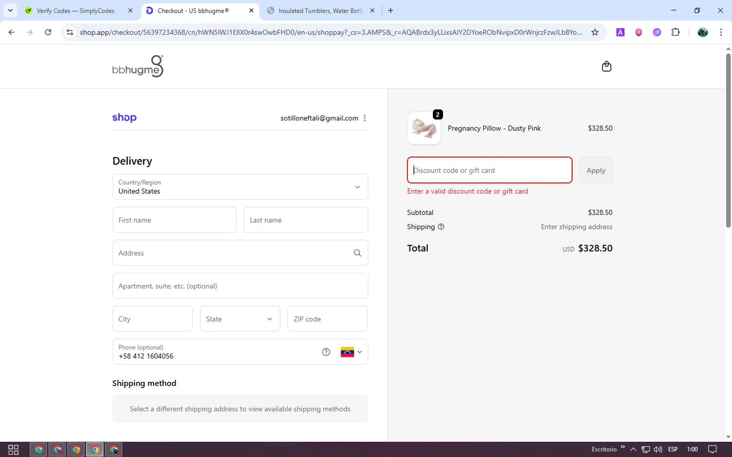 bbhugme US promo code screenshot showing code BIGHUGS10 applied at bbhugme US checkout page. Uploaded by SimplyCodes community member neurioandrades on Nov 27, 2025