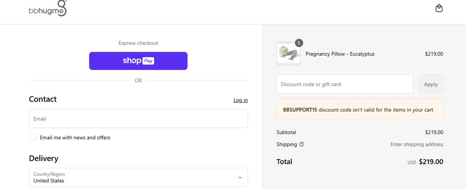 bbhugme US promo code screenshot showing code BBSupport15 applied at bbhugme US checkout page. Uploaded by SimplyCodes community member Gaby04 on May 24, 2025