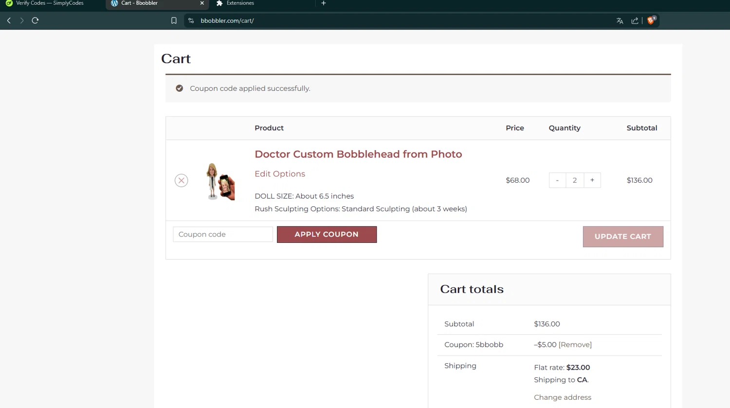 Bbobbler coupon code screenshot showing code 5BBOBB applied at Bbobbler checkout page. Uploaded by SimplyCodes community member NortTiger on Mar 23, 2025