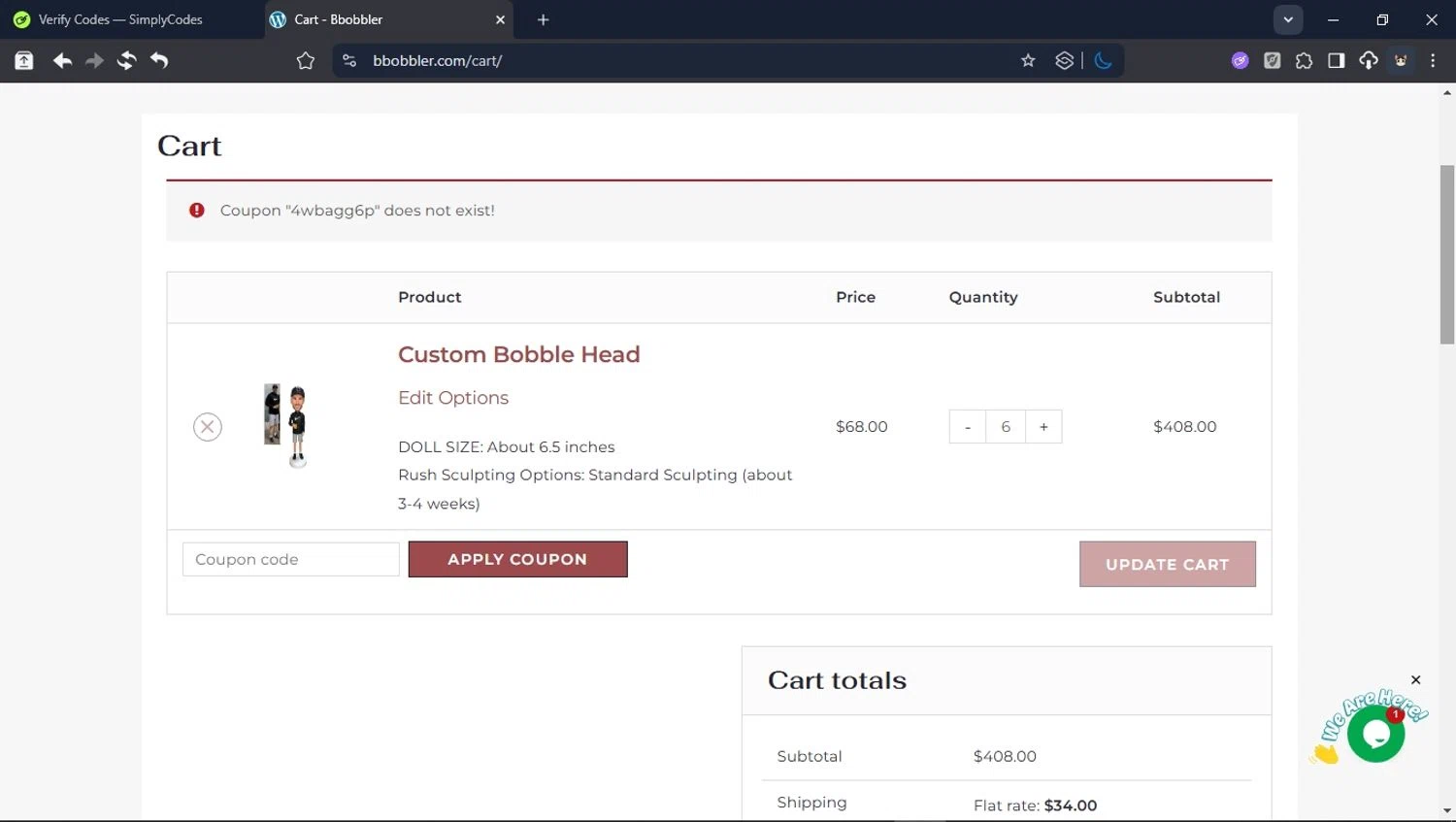 Bbobbler coupon code screenshot showing code 4WBAGG6P applied at Bbobbler checkout page. Uploaded by SimplyCodes community member ValiantHunter5929 on Oct 16, 2025