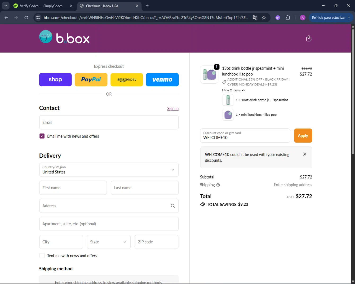 b.box discount code screenshot showing code WELCOME10 applied at b.box checkout page. Uploaded by SimplyCodes community member AndreinaA on Nov 27, 2025