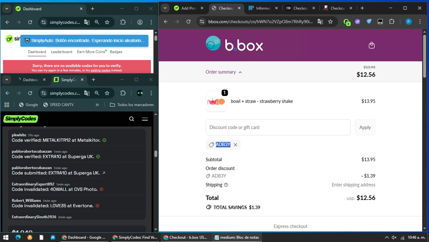 b.box discount code screenshot showing code ADB3Y applied at b.box checkout page. Uploaded by SimplyCodes community member MAVESA on Feb 1, 2026