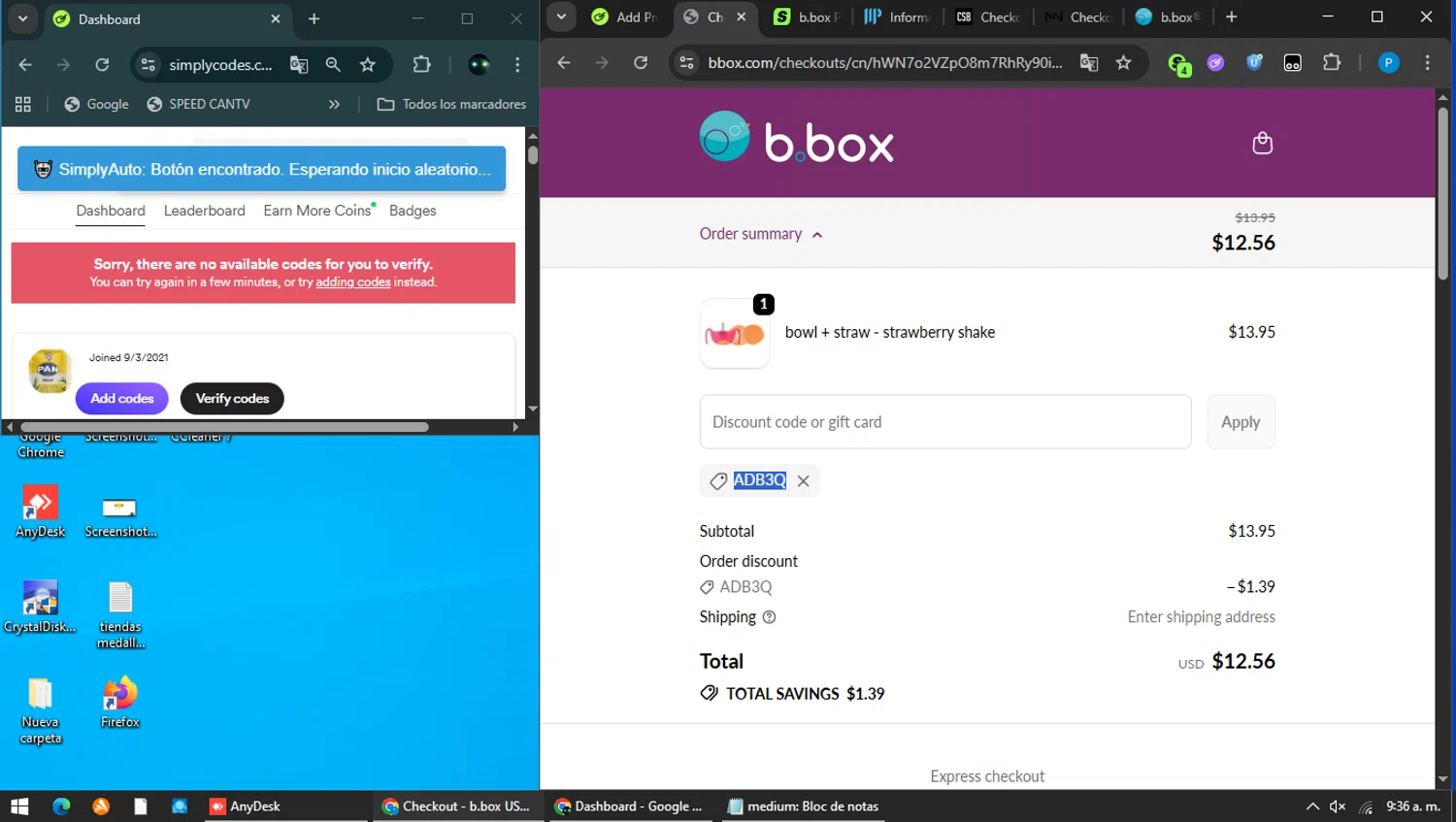 b.box discount code screenshot showing code ADB3Q applied at b.box checkout page. Uploaded by SimplyCodes community member MAVESA on Jan 24, 2026