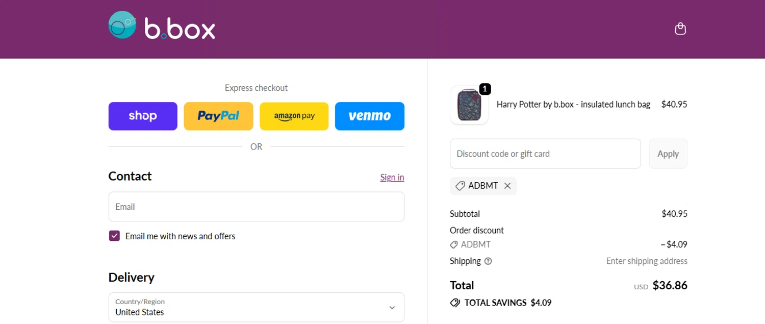 b.box discount code screenshot showing code ADBMT applied at b.box checkout page. Uploaded by SimplyCodes community member ashe1986 on Nov 9, 2025